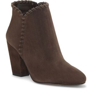 1 State Mylo chocolate brown suede block heel ankle booties